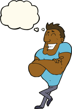 Bir insan tarafından çizilmiş düşünce balonlu kaslı adam.