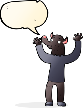 Bir insan tarafından çizilmiş konuşma balonu olan mutlu kurtadam adam.