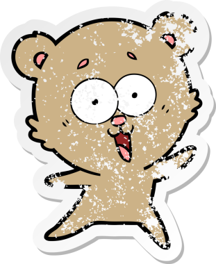 Bir insan tarafından çizilmiş gülen oyuncak ayının sıkıntılı çıkartması.