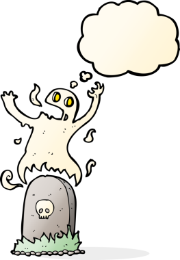 Bir insan tarafından çizilmiş düşünce baloncuğuyla mezardan yükselen karikatür hayaleti