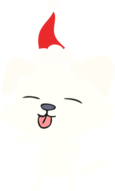 Bir insan tarafından çizilmiş Noel Baba şapkası takan bir köpeğin el çizimi düz renk çizimi.