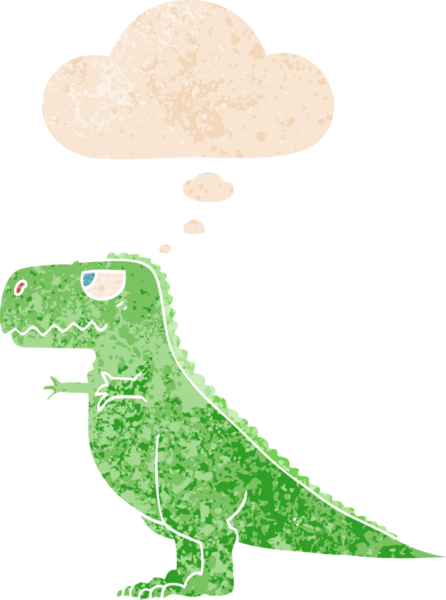 grunge 'da düşünce baloncuğu olan karikatür dinozoru, bir insan tarafından çizilmiş, tedirgin edilmiş retro tarzı.