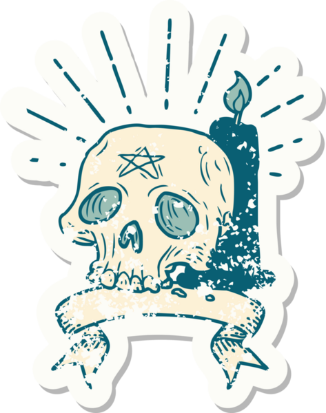 Bir insan tarafından çizilmiş eski dövme stili ürkütücü kafatası ve mum.