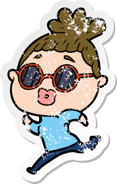 Bir insan tarafından çizilmiş güneş gözlüğü takan çizgi film karakterli bir kadının sıkıntılı çıkartması.