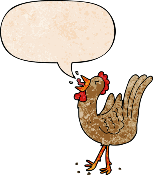 Karikatür ötüşü. Konuşma baloncuğu ile insan tarafından çizilmiş eski moda bir horoz.