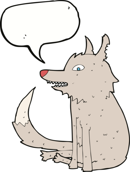 Bir insan tarafından çizilmiş konuşma baloncuğuyla oturan bir kurt.