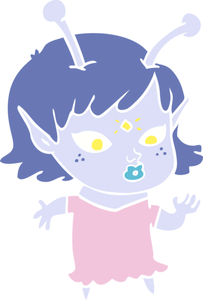 Bir insan tarafından çizilmiş düz renk çizgi film uzaylı kızı.