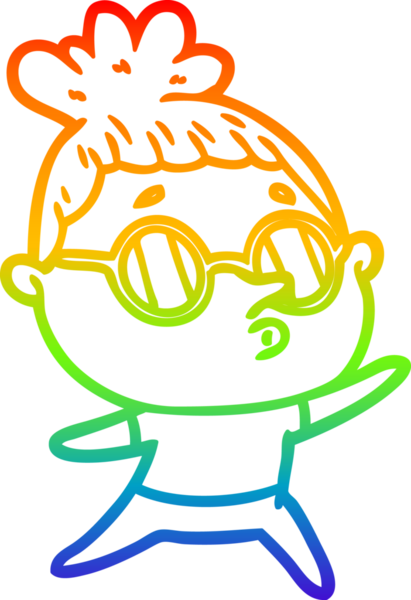 Gökkuşağı gradyan çizgi çizimi bir insan tarafından çizilmiş gözlük takan bir kadın.