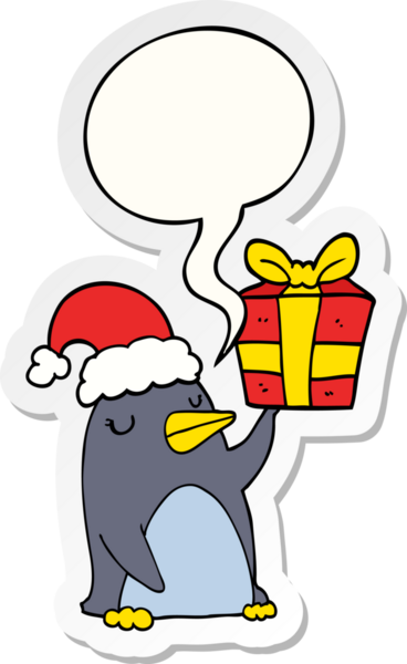 Bir insan tarafından çizilmiş konuşma baloncuğu çıkartmasıyla birlikte noel hediyesi olan penguen çizgi filmi.