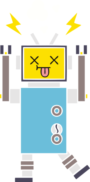 Bir insan tarafından çizilen robot arızasının düz renk retro karikatürü