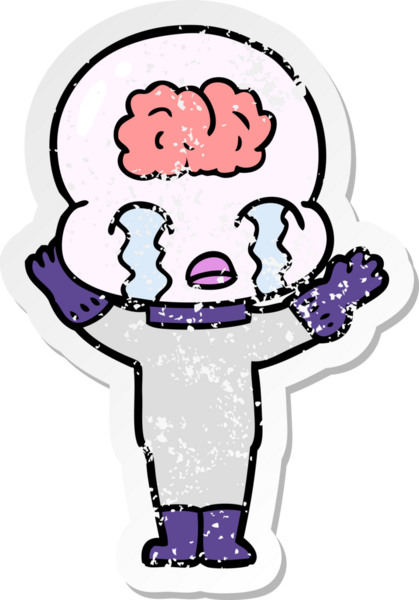 Bir çizgi filmin sıkıntılı çıkartması. Bir insan tarafından çizilmiş büyük beyinli uzaylı ağlaması.