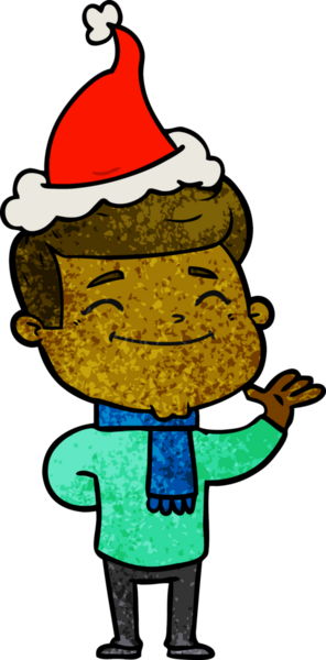 Bir insan tarafından çizilmiş Noel Baba şapkası giyen bir adamın çizilmiş mutlu el çizimi karikatürü.