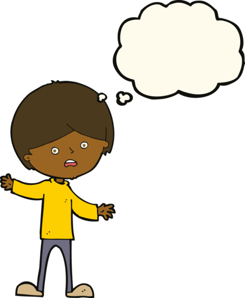 Bir insan tarafından çizilmiş düşünce baloncuğu olan mutsuz bir çocuk.