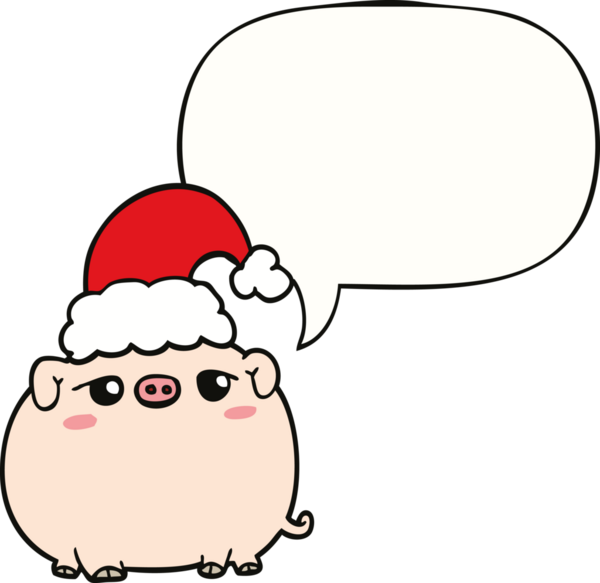 Bir insan tarafından çizilmiş konuşma balonlu Noel şapkası takan bir domuz.