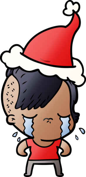 Bir insan tarafından çizilmiş Noel Baba şapkası giymiş ağlayan bir kızın el çizimi karikatürü.