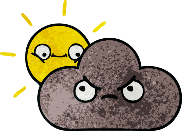 Bir fırtına bulutunun retro grunge dokusu ve bir insan tarafından çizilmiş güneş.