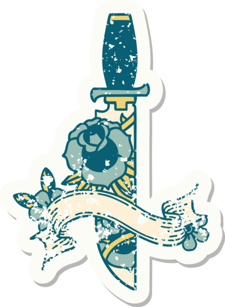 Bir hançer bayrağı ve bir insan tarafından çizilmiş çiçekler olan eski bir etiket.