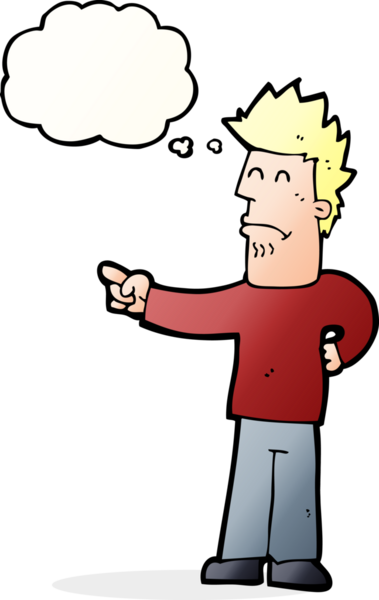 Bir insan tarafından çizilen düşünce baloncuğuyla işaret eden çizgi film adamı.