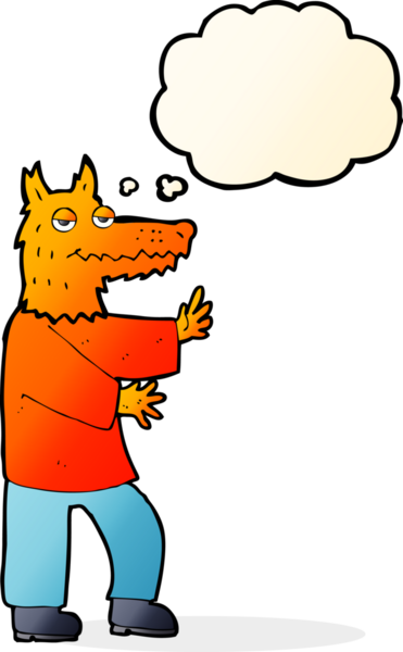 Bir insan tarafından çizilmiş düşünce baloncuklu çizgi film tilkisi.