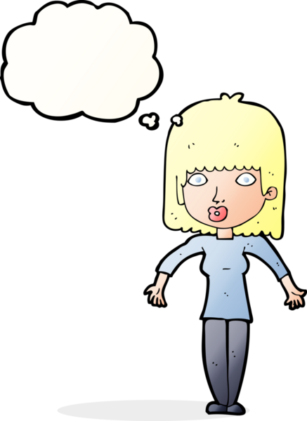 Bir insan tarafından çizilmiş düşünce baloncuğuyla omuz silken çizgi film kadını.