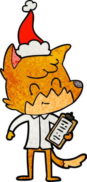 Bir insan tarafından çizilmiş Noel Baba şapkası giymiş dost canlısı bir tilki müdürünün el çizimi karikatürü.