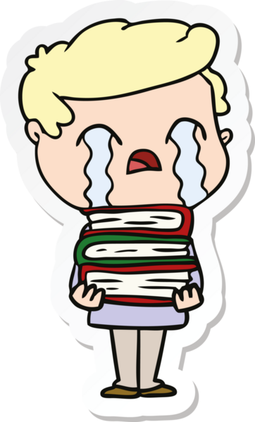 Bir insan tarafından çizilmiş kitap yığınının üstünde ağlayan bir karikatürcünün çıkartması.