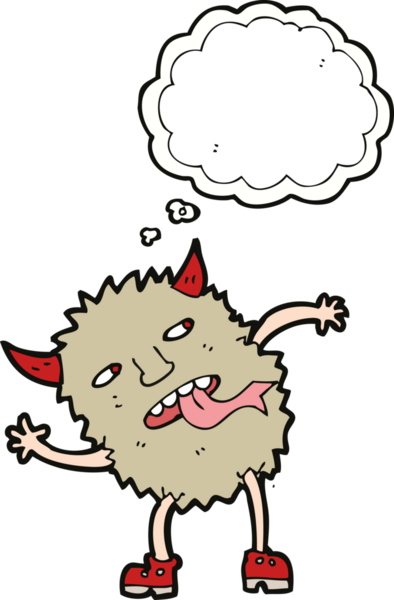 Bir insan tarafından çizilmiş düşünce baloncuklu komik çizgi film canavarı.