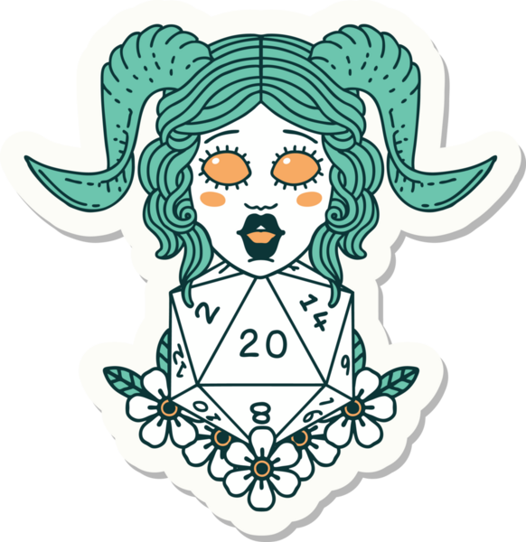 Bir insan tarafından çizilmiş doğal yirmi zarla yapıştırılmış bir etiket.