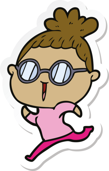 Bir insan tarafından çizilmiş gözlüklü bir karikatür kadının çıkartması.