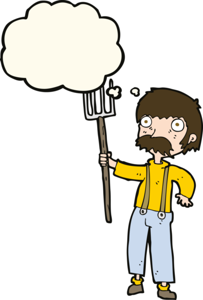 Bir insan tarafından çizilmiş düşünce baloncuklu dirgenli çizgi film çiftçisi.