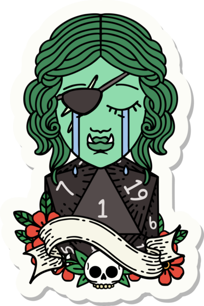 Ağlayan bir Ork karakterinin çıkartması. Doğal bir yüzü var. Bir insan tarafından çizilmiş D20 rulosu.