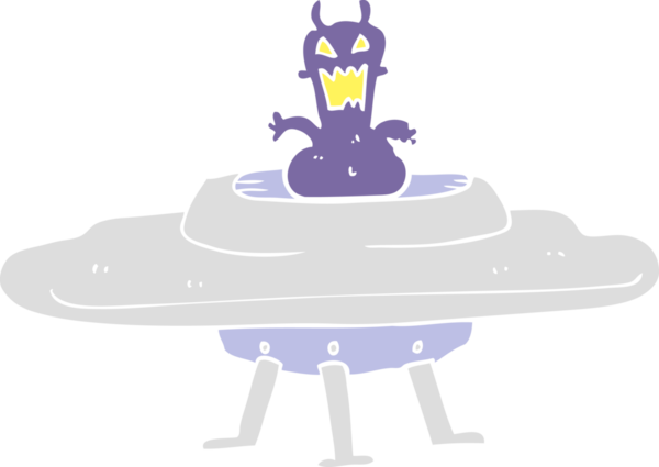 Bir insan tarafından çizilmiş uçan daire içindeki uzaylının düz renkli çizimi