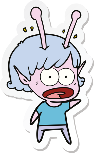 Bir insan tarafından çizilmiş uzaylı bir kızın karikatür çıkartması.