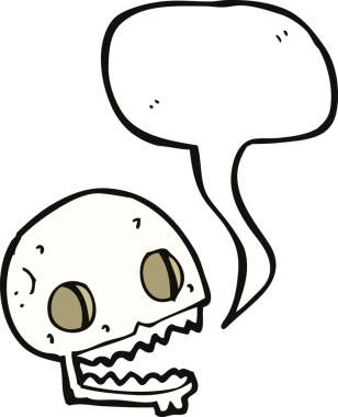 Bir insan tarafından çizilmiş konuşma baloncuğu olan karikatürümsü kafatası.