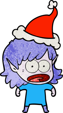 Şok olmuş bir elf kızının el çizimi bir insan tarafından çizilmiş Noel Baba şapkası.