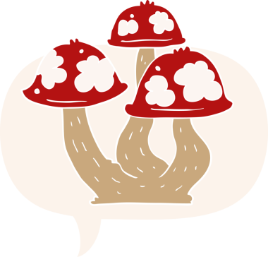 bir insan tarafından çizilmiş retro tarzı konuşma baloncuklu mantarlar.