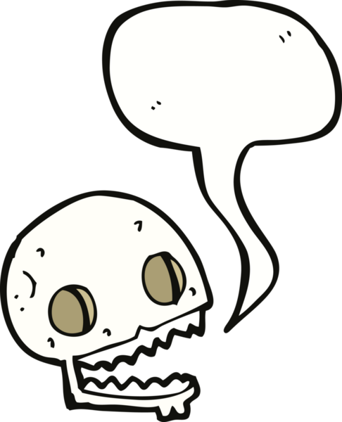 Bir insan tarafından çizilmiş konuşma baloncuğu olan karikatürümsü kafatası.