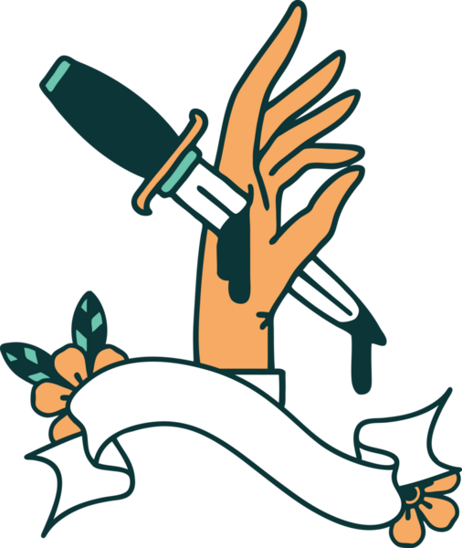 Geleneksel dövme, insan eliyle çizilmiş bir hançer sancağıyla.