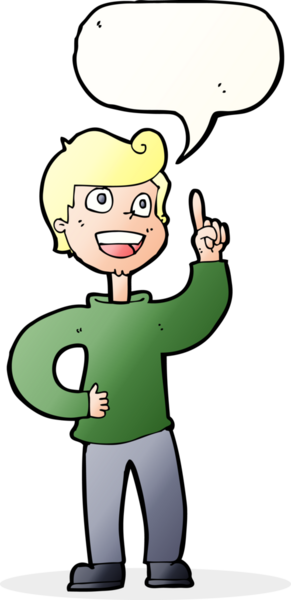 Bir insan tarafından çizilen konuşma baloncuğuyla harika bir fikri olan çizgi film çocuğu.