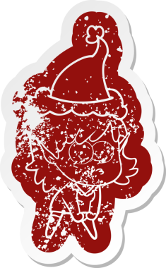 Garip bir çizgi film, bir insan tarafından çizilmiş Noel Baba şapkası takan, dik dik bakan ve çömelmiş elf bir kızın çıkartması.