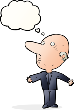 Bir insan tarafından çizilmiş düşünce baloncuğuyla kafası karışmış orta yaşlı bir adam.