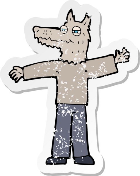 Bir insan tarafından çizilmiş mutlu kurt adam çizgi filminin kederli retro yapıştırması.