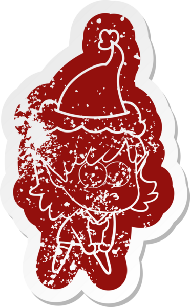 Garip bir çizgi film, bir insan tarafından çizilmiş Noel Baba şapkası takan, dik dik bakan ve çömelmiş elf bir kızın çıkartması.