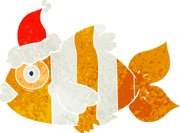 Bir insan tarafından çizilmiş Noel Baba şapkası giyen egzotik bir balığın el çizimi karikatürü.