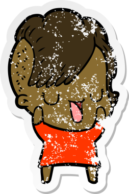 Hipster saç kesimi bir insan tarafından çizilmiş tatlı bir çizgi film kızına ait sıkıntılı bir etiket.