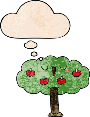 bir insan tarafından çizilmiş grunge desenli düşünce baloncuğu olan elma ağacı çizgi filmi.