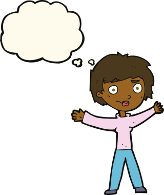 Bir insan tarafından çizilmiş düşünce baloncuğuyla kollarını sallayan çizgi film kadını.