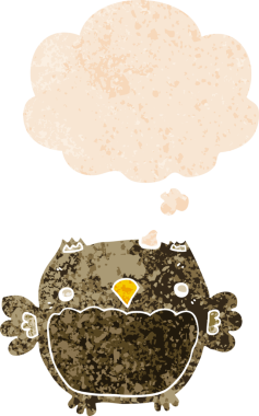 bir insan tarafından çizilmiş grunge sıkıntılı retro desenli düşünce baloncuğu ile çizgi film baykuşu