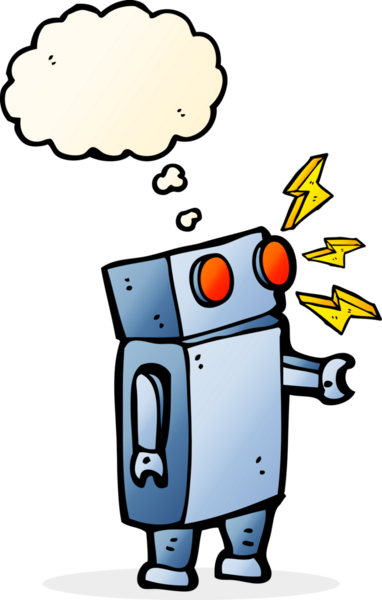 Bir insan tarafından çizilmiş düşünce baloncuklu çizgi film robotu