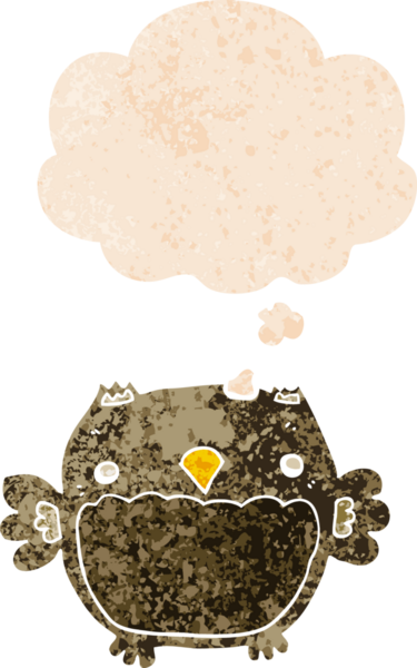 bir insan tarafından çizilmiş grunge sıkıntılı retro desenli düşünce baloncuğu ile çizgi film baykuşu